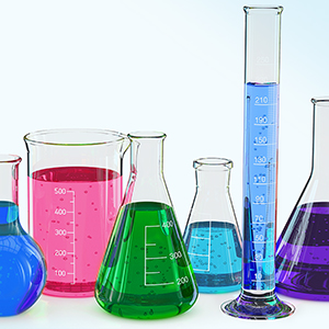 lab beakers filled with colored fluid