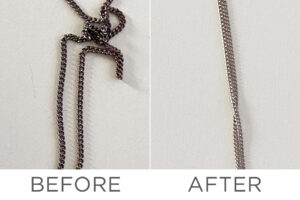 a before and after of a jewelry chain that has been cleaned with kingswood products