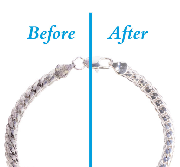 a before and after picture of a silver bracelet that had tarnish and was cleaned with a silver jewelry specific cleaner for tarnish removal