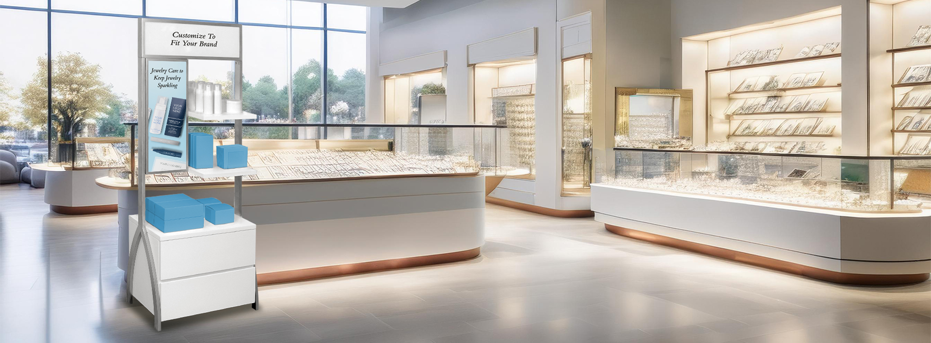 Image of a retail fixture showing jewelry care products in a jewelry store.