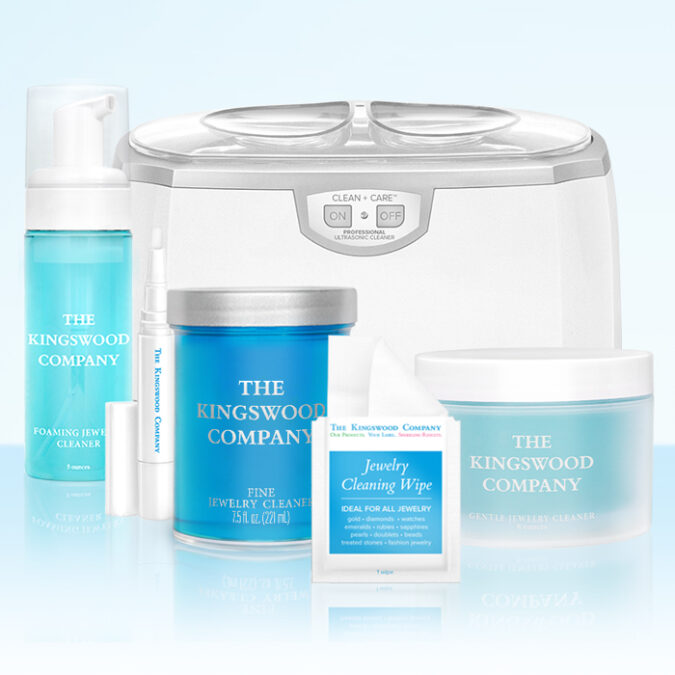 The Kingswood Company Product Lineup including Gentle Jewelry Cleaner, Fine Jewelry Cleaner, Jewelry Cleaning Wipe, Jewelry Cleaning Stick, Foaming Jewelry Cleaner, and Ultrasonic Cleaner
