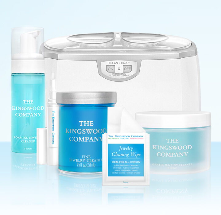 The Kingswood Company Product Lineup including Gentle Jewelry Cleaner, Fine Jewelry Cleaner, Jewelry Cleaning Wipe, Jewelry Cleaning Stick, Foaming Jewelry Cleaner, and Ultrasonic Cleaner